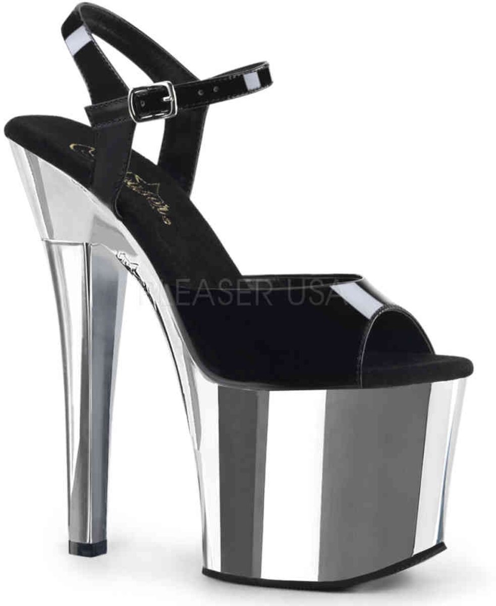 EU 40 = US 10 | RADIANT-709 | 7 Heel, 3 1/4 Chrome PF Ankle Strap Sandal